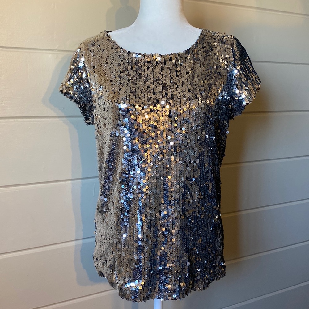 INC International Concepts Silver Sequin Blouse Scoop Neck Party Top Size Medium